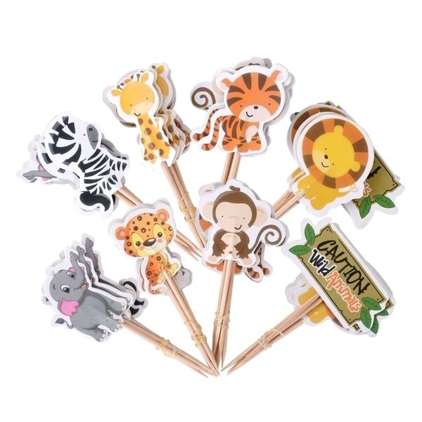 Cakelove 24Pcslot Jungle Safari Cupcake Picks Animal Cake Toppers Cartone animato Inserti Carta Regali per feste per bambini Compleanno Y200618