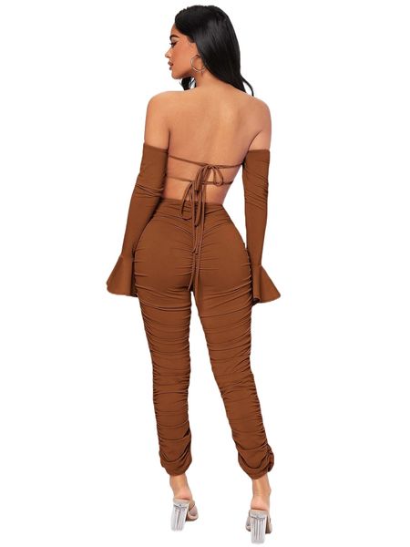 

petite off shoulder flounce sleeve tie back crop & ruched skinny pants set p73w#, White