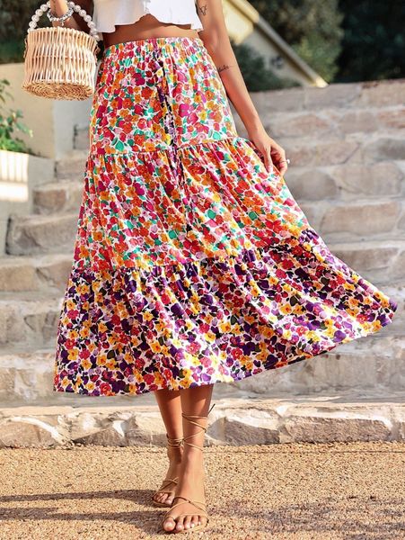 

allover floral print ruffle hem knot front skirt d4lq#, Black