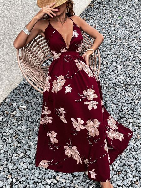 

floral print criss cross backless dress 848y#, Black;gray