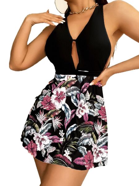 

plant print swim dress with bikini bottom v2le#, White;black