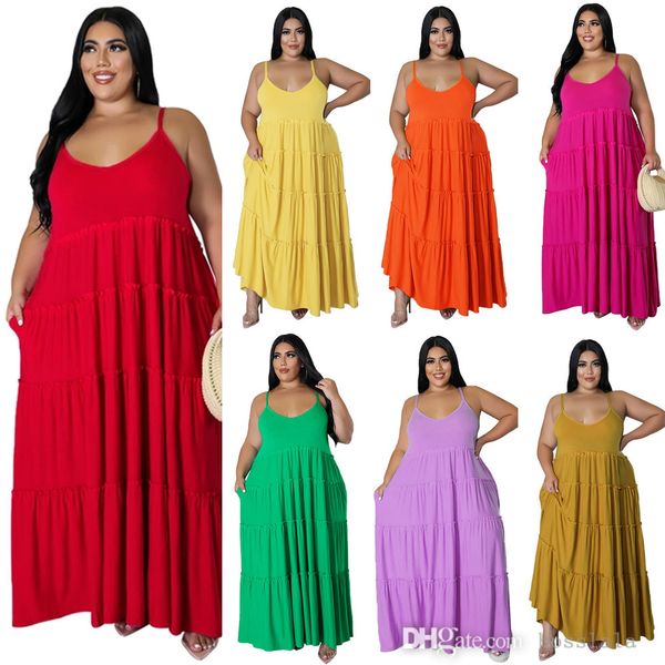

summer maxi dresses designer large women clothing solid color suspender tiered long doll dress l-5xl, Black
