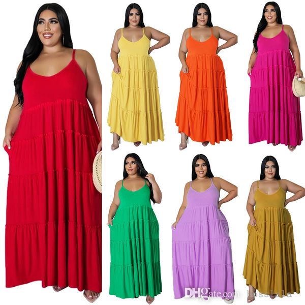 Maxi abiti estivi Designer Abbigliamento donna grande Tinta unita Abito lungo da bambola a strati con bretelle sexy L-5XL