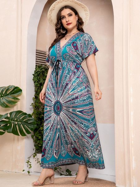 

plus geo & paisley print knot waist maxi dress 81hz#, Black