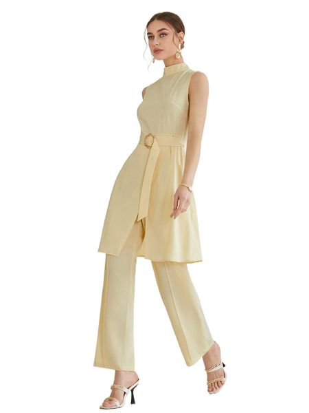 

mock neck wrap hem buckled belted & wide leg pants z7er#, White