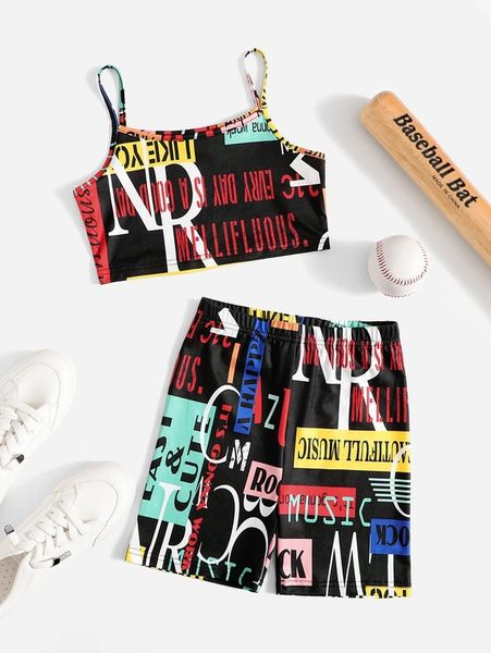 

girls letter graphic cami and biker shorts set she, White