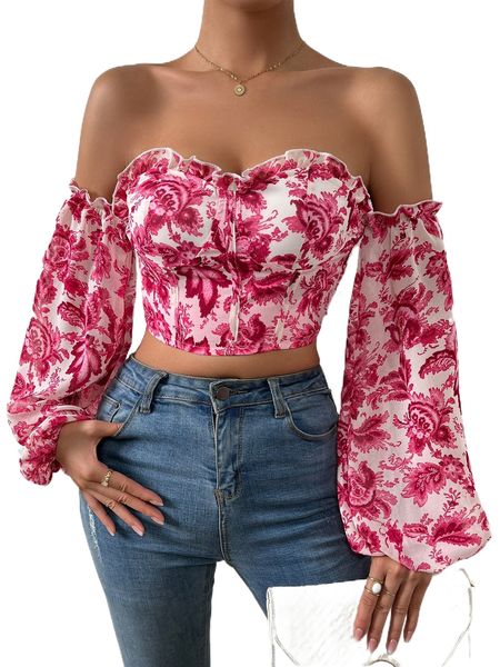 

floral print off shoulder frill trim crop blouse 03uq#, White