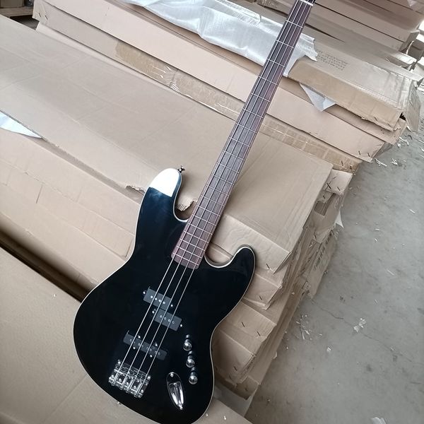 

4 strings black electric bass guitar with white binding rosewood fretboard