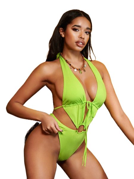 

sxy tie backless o-ring cut out halter bodysuit 38w5#, White