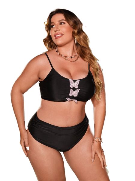 

plus butterfly decor bikini swimsuit 68ar#, White;black