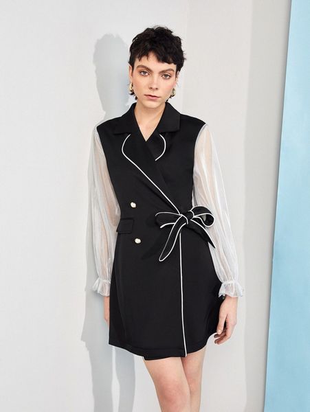 

x dina stars contrast binding flap detail belted dress n3zs#, Black;gray