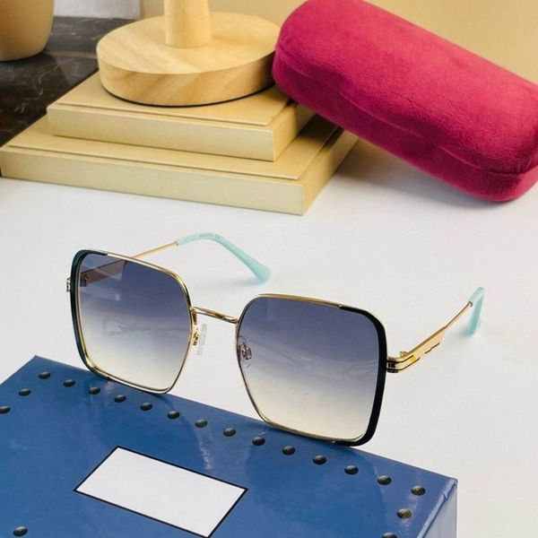 

2022 women men fashion sunglasses gold metal thin frame light blue feet square gradient color lenses available with box, White;black