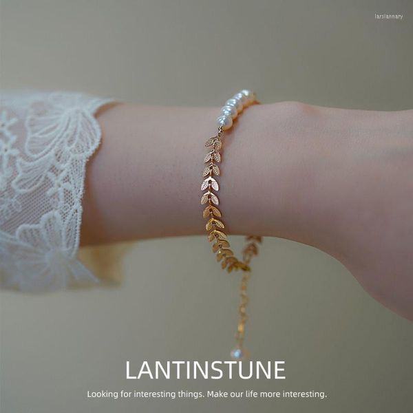 Cadeia de link Elegant Laurel deixa a pulseira de pérolas de ouro para mulheres, design de luxo, sentido versátil charme folha pulseiras de partida jóias n069link la