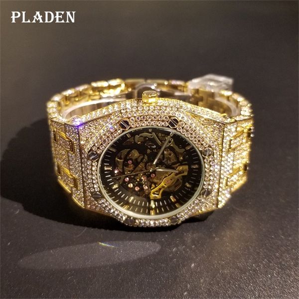 

miss full diamond automatic mechanical watches men luxury steel skeleton watch hip hop iced out wristwatch gift 220622, Slivery;brown