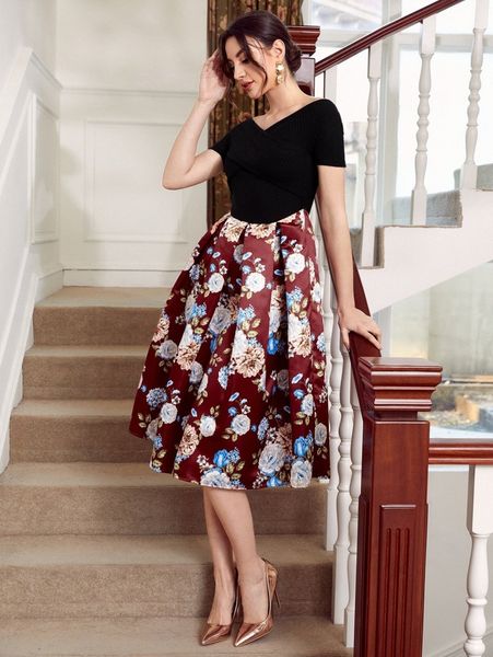 

floral print off shoulder a-line dress s7xg#, Black;gray