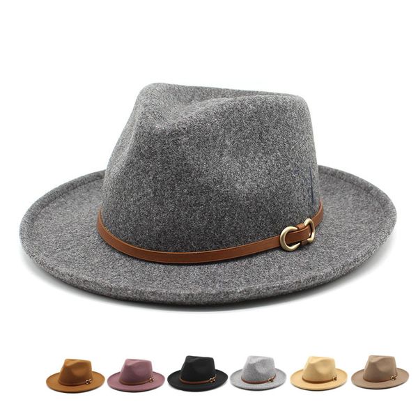 

luxury big brim straight brim fedoras hats for men women woolen easy matching grace caps solid color jazz hat hcs168, Blue;gray