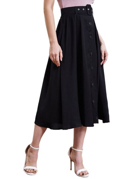 

button front belted flare skirt d0ag#, Black