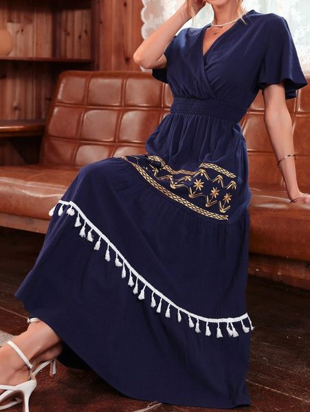

surplice front shirred tassel trim a-line dress f9dz#, Black;gray