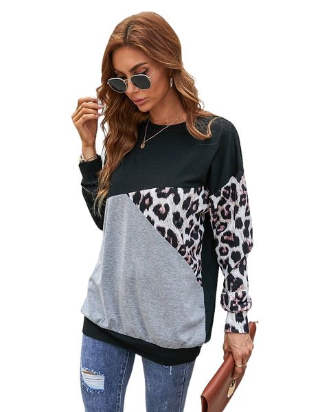 

leopard print colorblock drop shoulder sweatshirt 51px#, Black