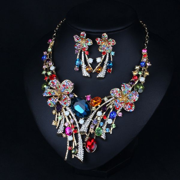 

color alloy diamond exaggerated necklace earrings set bridal accessories decorative female wholesale ss-e-0007, Silver