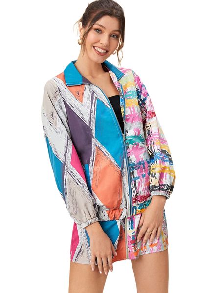 

x let them stare geo & brush print zip up jacket s10g#, Black;brown