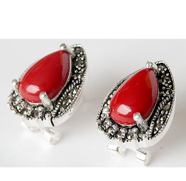 

jewelry vintage 925 sterling silver red coral marcasite earrings 15x19mm