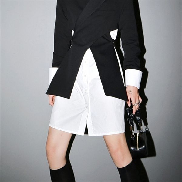 

[eam] women black cross split joint blazer lapel long sleeve loose fit jacket fashion spring autumn 1t447 220402, White;black