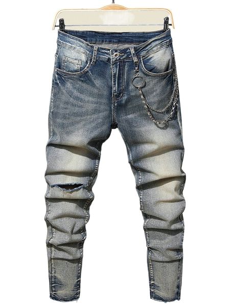 

men bleach wash ripped frayed skinny jeans with chain i2dj#, Blue