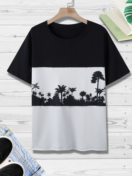 

men colorblock & plant print tee j8oz#, White;black