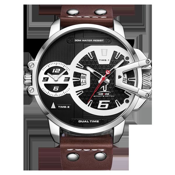 

cwp 2021 weide watches man luxury sport military pu brown leather strap bracelet band quartz movement analog clock wristwatches relogio masc, Slivery;brown