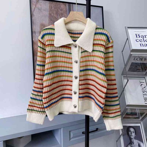 

spring new french lapel color stripe heart button wool sweater short coat women's cardigan, White;black