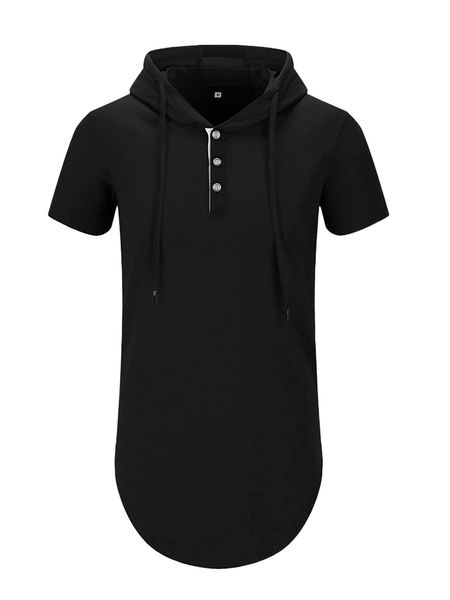 

men button half placket curved hem hooded tee n95e#, White;black