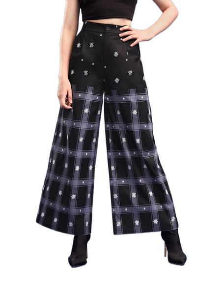 

x alf studio plaid & floral print wide leg pants 83nt#, Black;white
