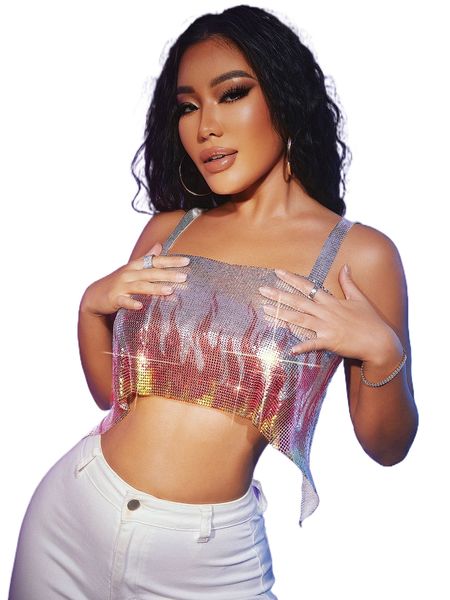 

sxy fire pattern chain detail crop metallic cami k7ro#, White