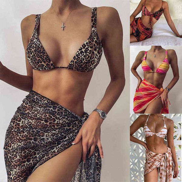 

leopard triangle cup bikini strap swimsuit three piece suit, White;black
