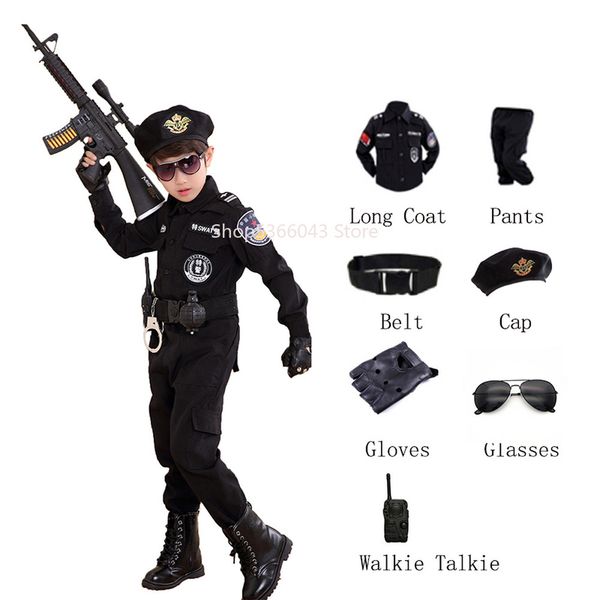 

children policeman cosplay costumes kids christmas party carnival uniform halloween boys army policemen clothing gift set, Blue