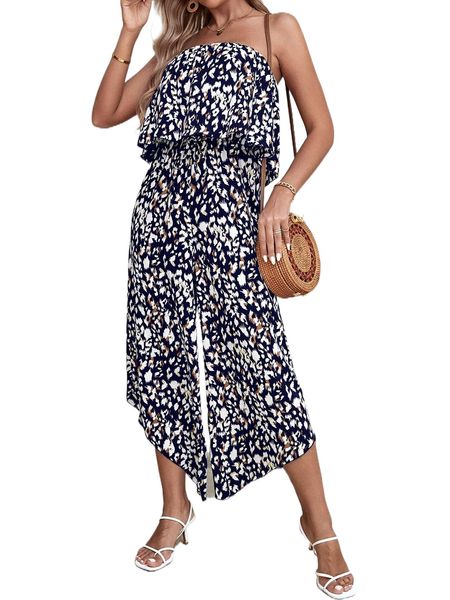 

allover print tube jumpsuit 65z5#, Black;white