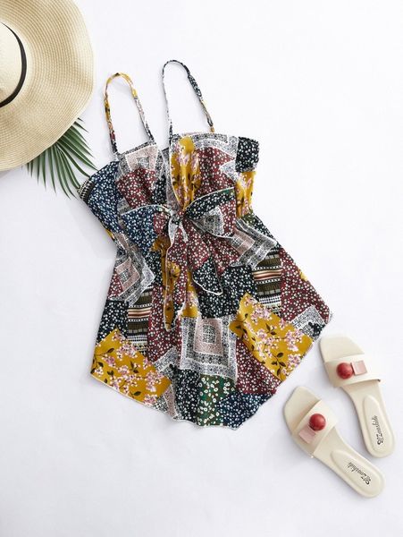 

plus patchwork tie front cami q5wl#, Black