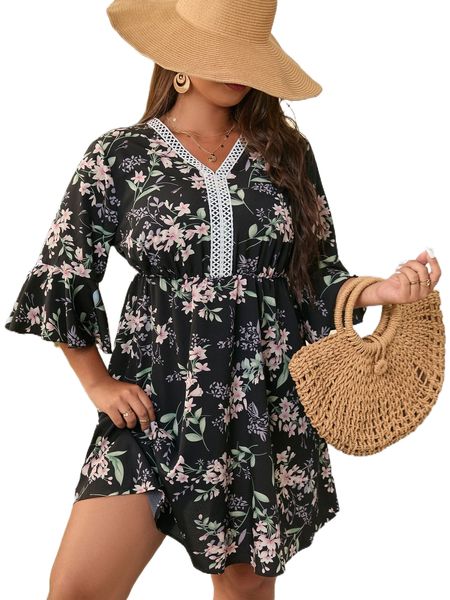 

plus floral print guipure lace detail flounce sleeve dress q7f6#, Black