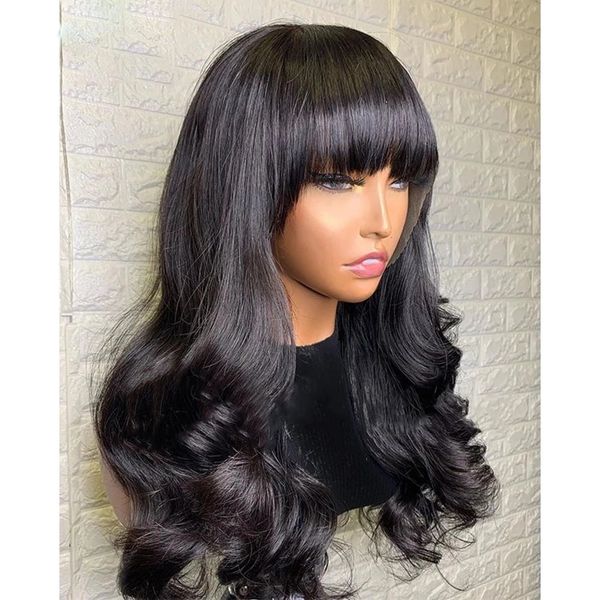

long wavy bang wigs lace front wig bangs soft hairs t part synthetic wigs prepluck with baby hair cosplay headband fringe, Black