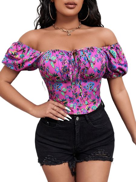 

floral print puff sleeve knot front blouse g78y#, White