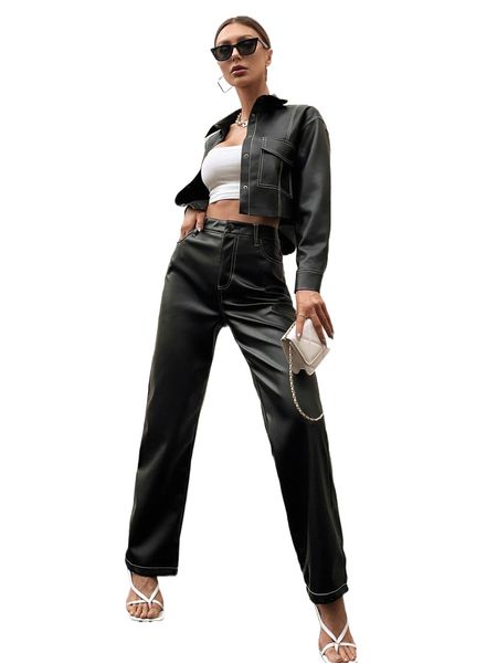 

stitching flap pocket drop shoulder pu jacket & pants n4at#, White
