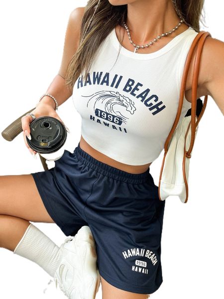 

wave & letter graphic tank & shorts b0e9#, White