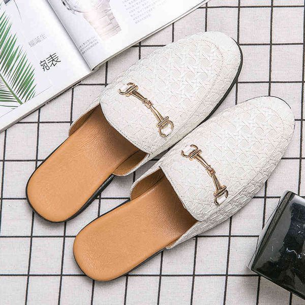 

dres shoe new brand designer men half drag shoe for men casual leather slipper fashion mule man white slide male 220723, Black