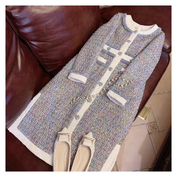 

new cotton clipped long coat fall tiffany long sleeved small fragrant pearl button wool coat fall and winter, Black;brown