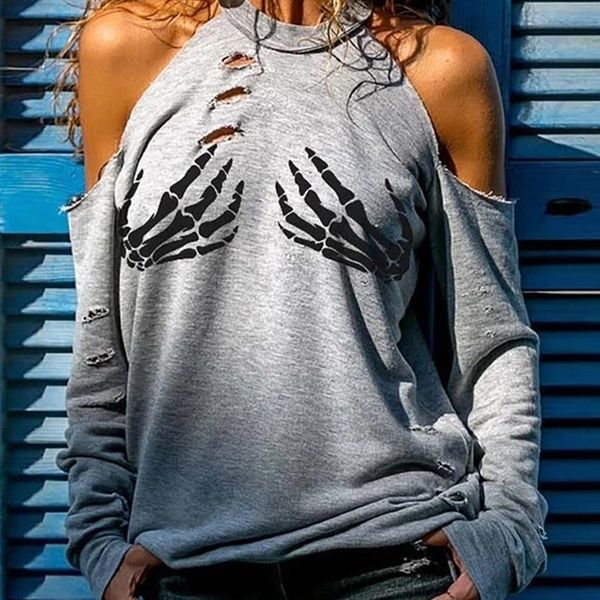 Женская мода с длинным рукавом повседневные топы женская осенняя мода на хэллоуин холодный скелет скелет скелет вырез 201202