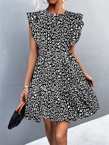 

leopard ruffle trim a-line dress w6ew#, Black;gray