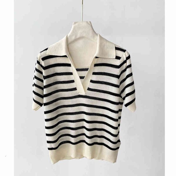 

women's knits tees mc french black and white stripe sea soul polo neck short loose v-neck cotton wool sweater summer