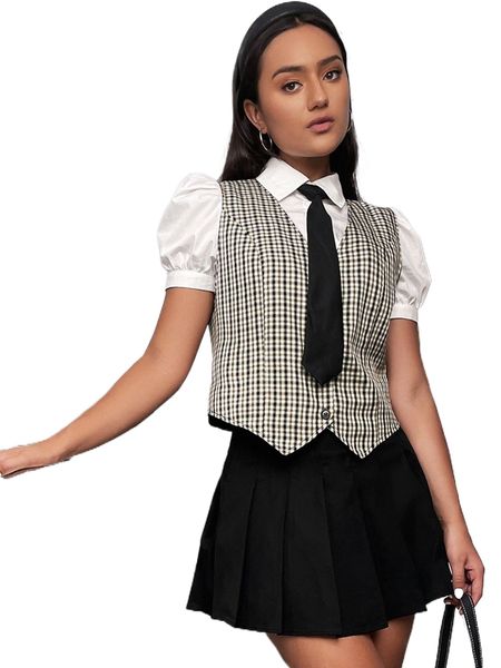 

plaid print single breasted vest blazer u5b9#, White
