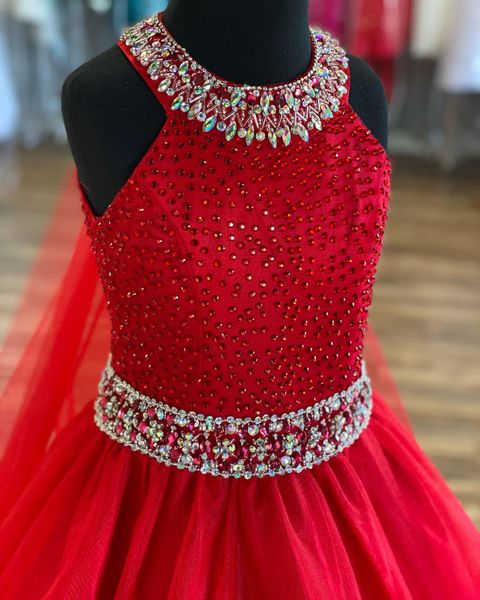 Kristalle Mädchen-Festzug-Kleid 2022 Ballkleid AB Stone Red Organza formelles Partykleid zum Geburtstag kleiner Kinder für Kleinkinder Teenager Preteen mit Tüll-Umhang Neckholder Schlüsselloch-Ritze